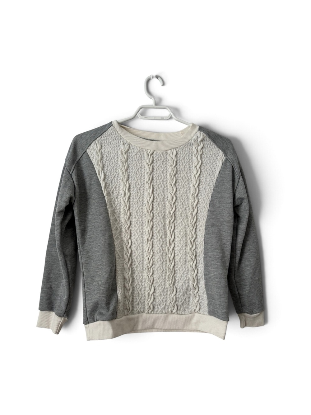 Gray White Cable Knit Panel French Terry Crewneck Sweatshirt Size S